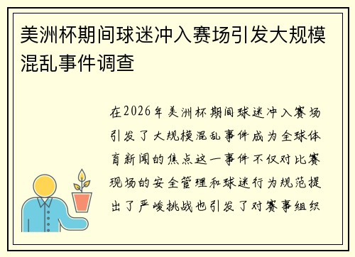 美洲杯期间球迷冲入赛场引发大规模混乱事件调查
