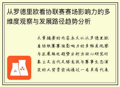 从罗德里欧看协联赛赛场影响力的多维度观察与发展路径趋势分析